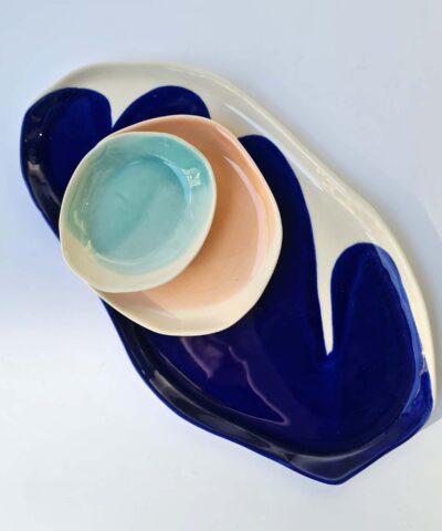 serving set platters and a bowl navy blue, sky blue, salmon