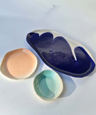 serving set platters and a bowl navy blue, sky blue, salmon
