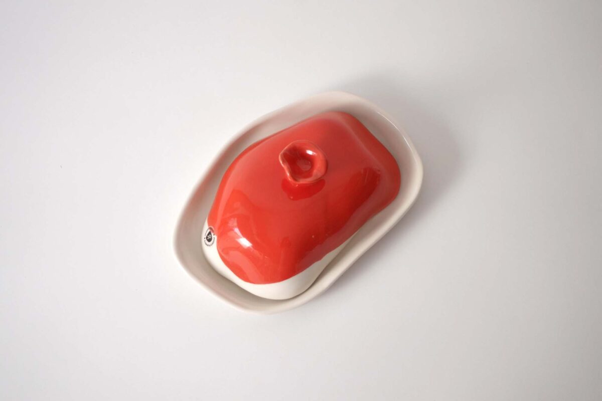 red porcelain butter dish