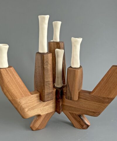 walnut wood and porcelain candelabra