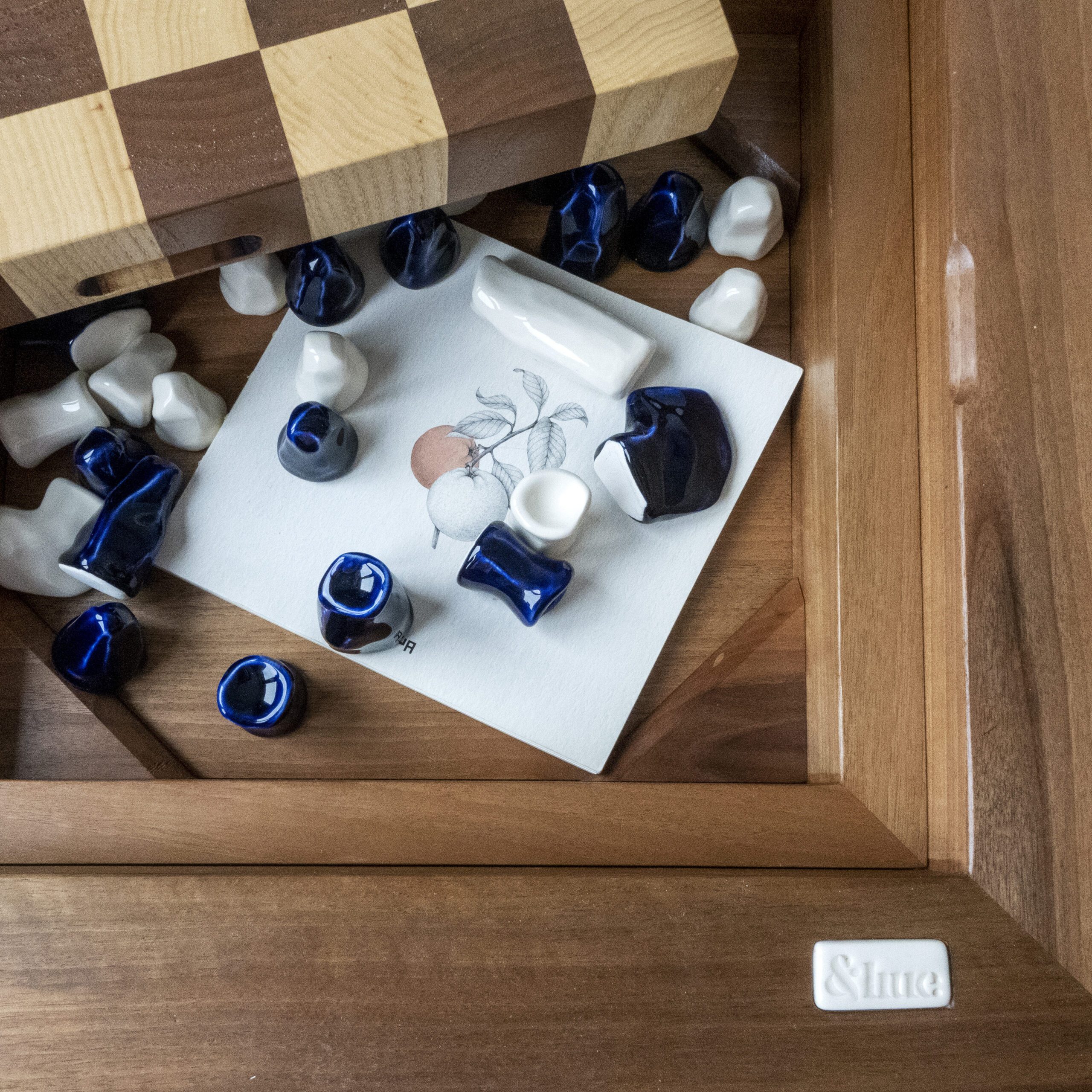 walnut wood and porcelain chess