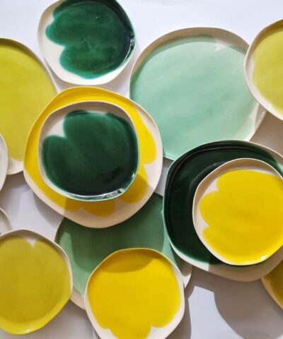 ceramic plates, organic forms, bright colors