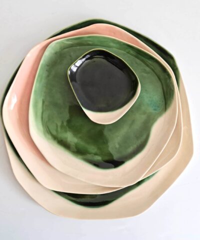 porcelain plates emerald and pink