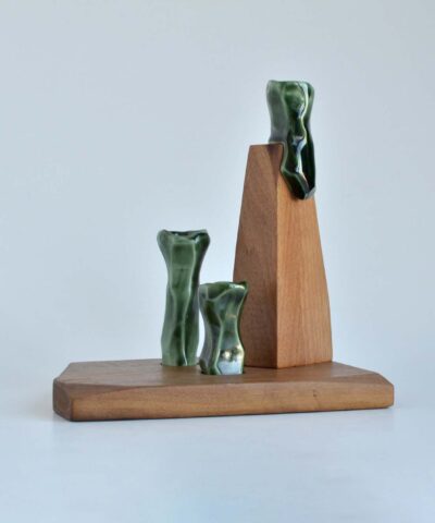 walnut wood and porcelain candle holder