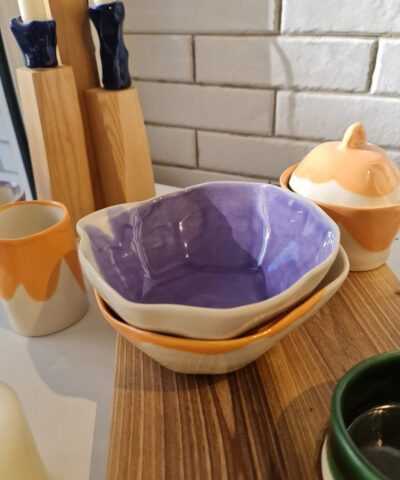 soup bowls, lavender and peach