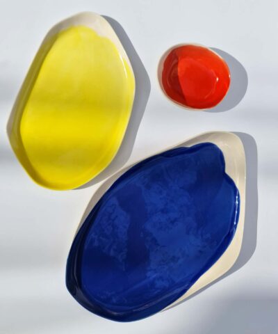 ceramic serving set platters and small bowl in blue, red and yellow