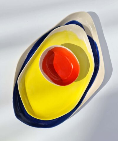 ceramic serving set platters and small bowl in blue, red and yellow