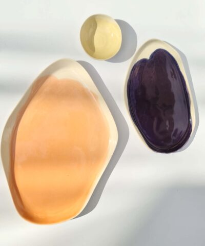 ceramic serving set platters and small bowl in flamingo, violet and ivory