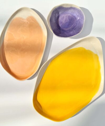 ceramic serving set platters and small bowl in yellow, flamingo and violet