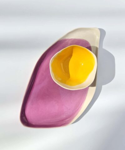 porcelain set platter and small bowl in purple and yellow