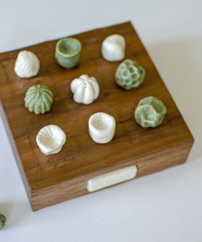 handmade tic-tac-toe walnut wood and porcelain