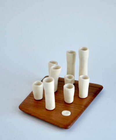walnut wood and porcelain candle holder